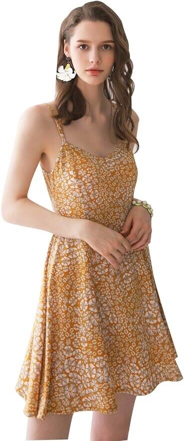 Modern&Unique Women's Summer Beach Comfortable Spaghetti Dress ( Mustard - S )