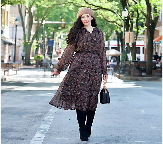 Girl With Curves Women's Dress Sz 5X Woven Blouson Sleeve Midi Brown
