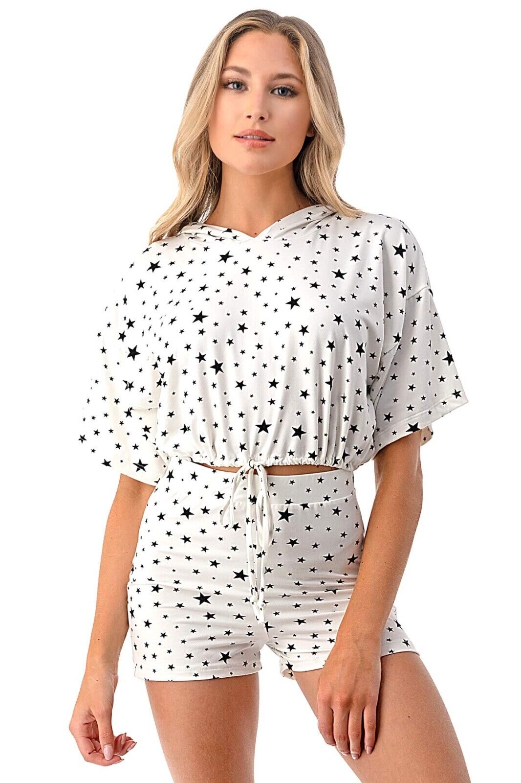 Nightie Women's Hoodie Top , Short and Mask 3pcs Set (White, M)