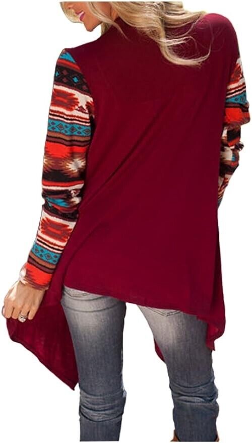 AuntTaylor Womens High Low Long Sleeve Boho Open Blouses Cardigans ( Red - XL )
