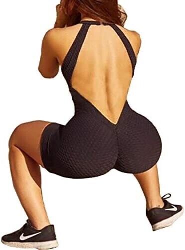 Sumtory Workout Jumpsuits for Women Bodysuit Sleeveless Backless (Black-XL)
