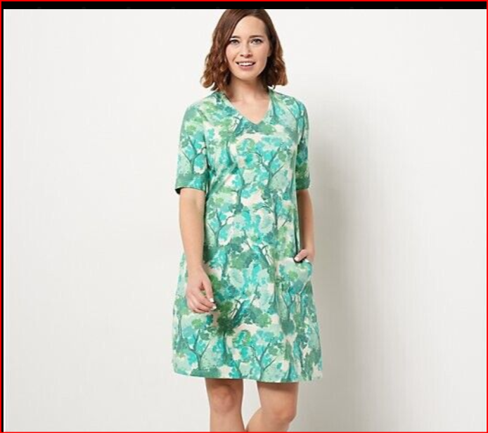 Isaac Mizrahi Live! V-Neck Swing Dress w Elbow Sleeves Green, 1X TALL) A484513