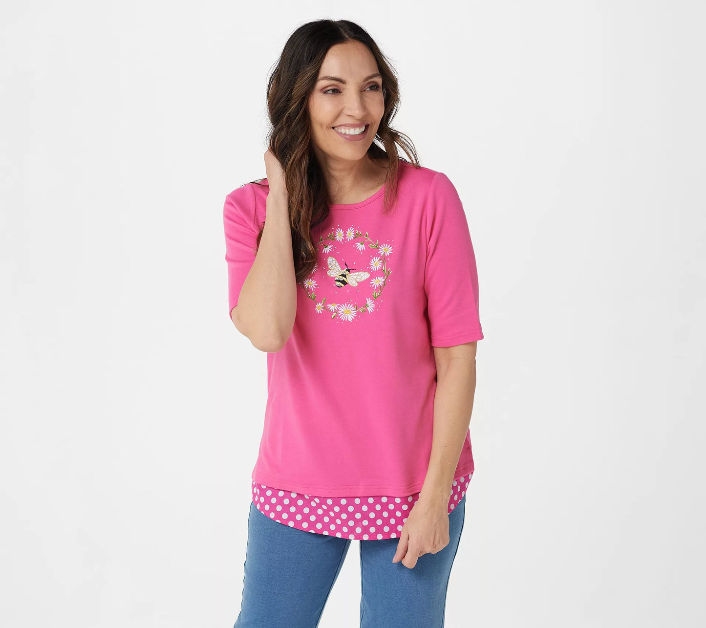 Quacker Factory Springtime Embellished Top with Polka Dot Hem