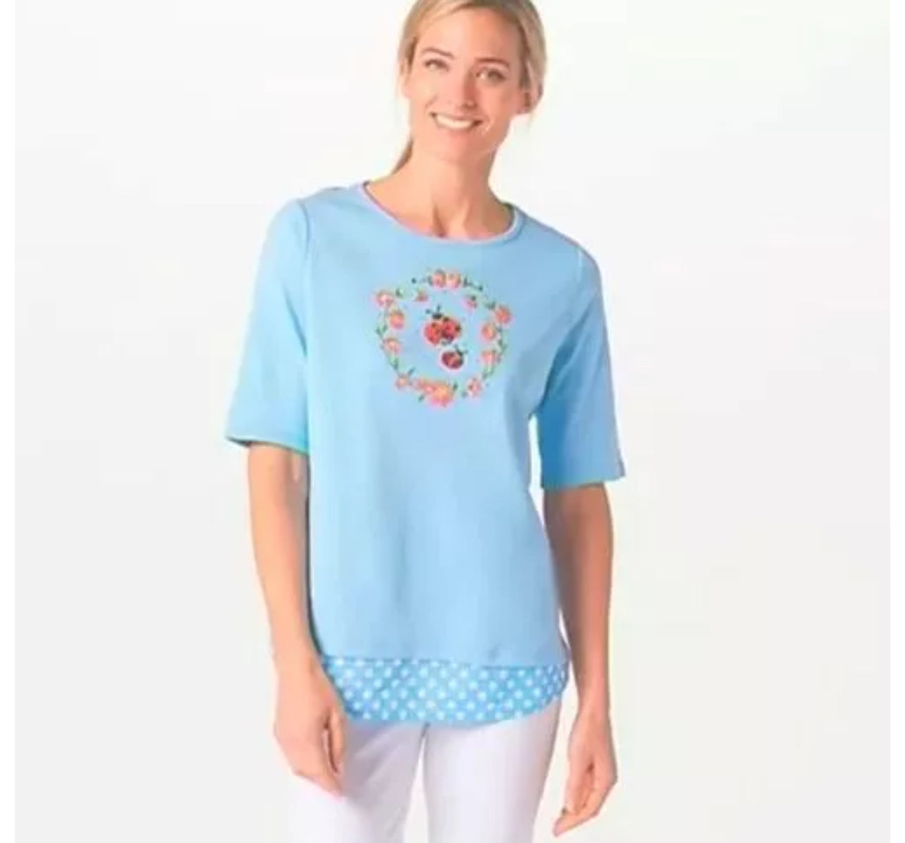Quacker Factory Springtime Embellished Top with Polka Dot Hem