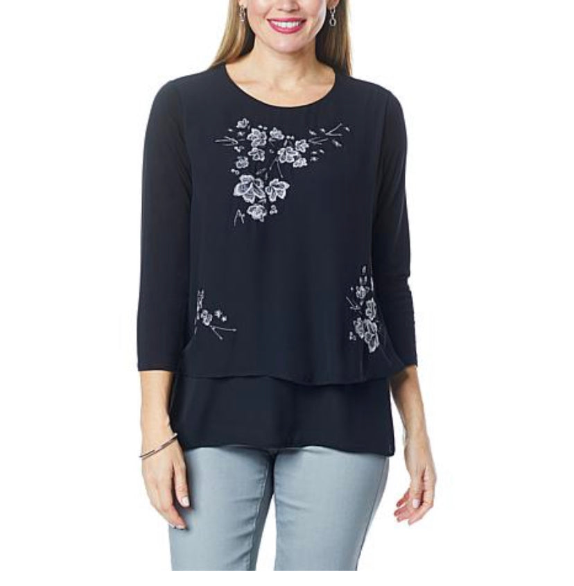 DG2 Diane Gilman 3/4-Slv Embroidered Easy Top