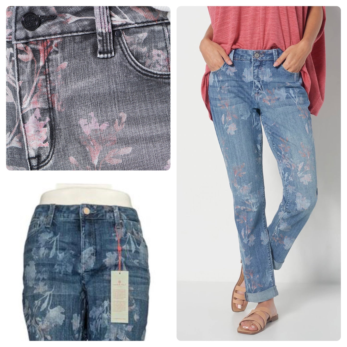 Laurie Felt Petite Classic Denim Floral Boyfriend Jeans