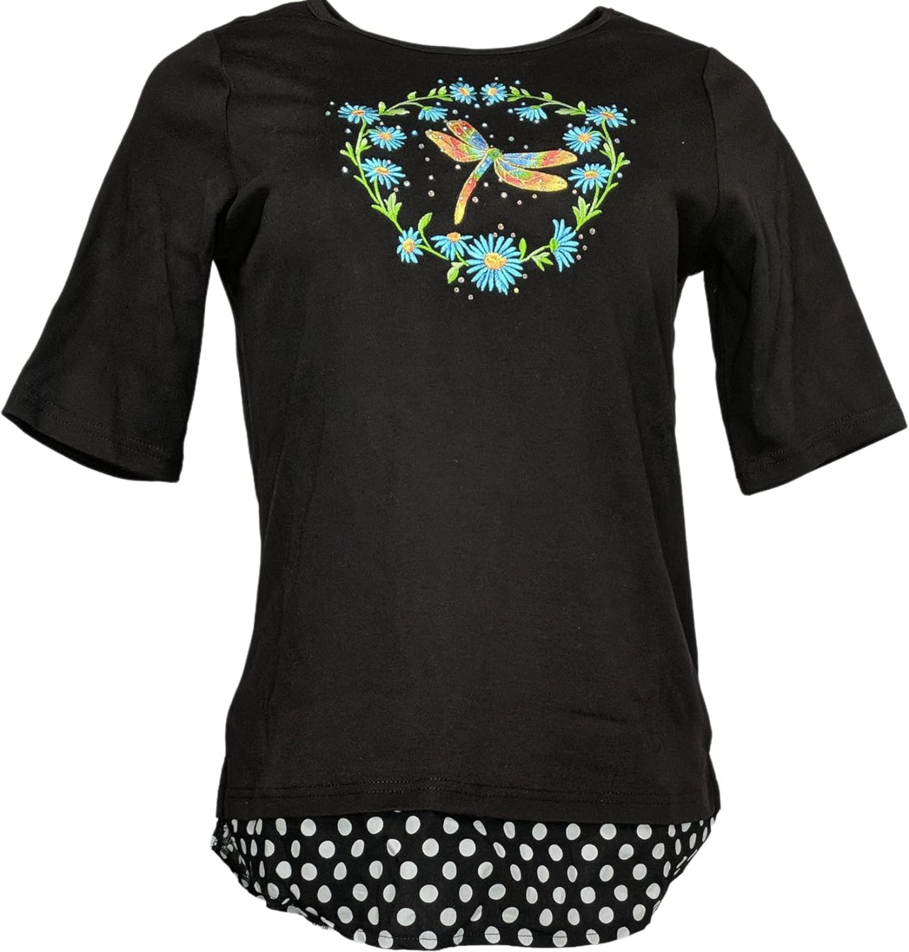 Quacker Factory Springtime Embellished Top with Polka Dot Hem