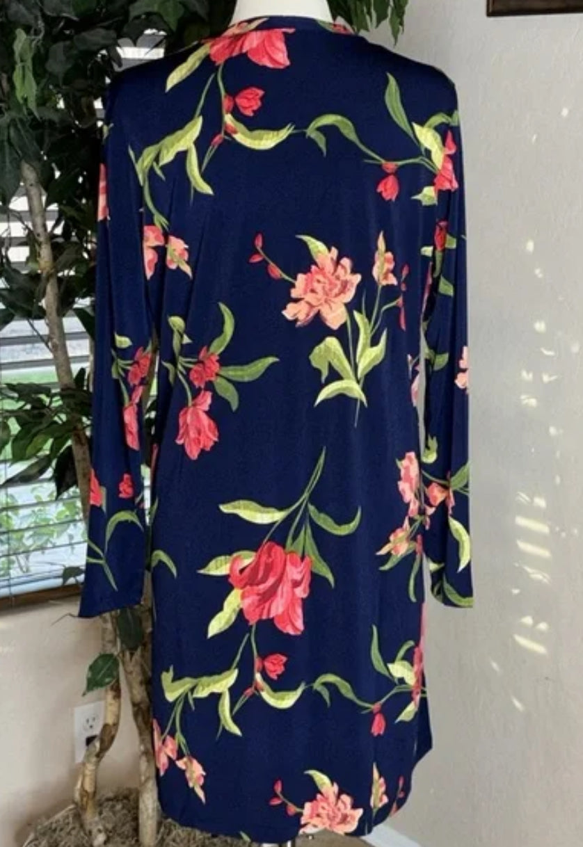 Susan Graver Printed Textured Liquid Knit Long Cardigan Petite S, Navy/Coral