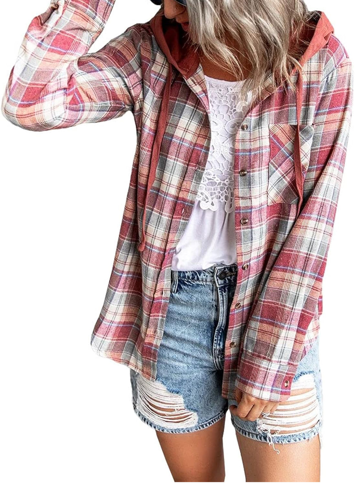 SySea Womens Long Sleeve Plaid Hoodie Jacket Button Size M