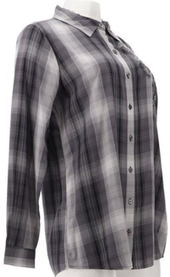 DG2 Diane Gilman Embroidered Plaid Buttoned Shirt BLACK PLAID-Size M