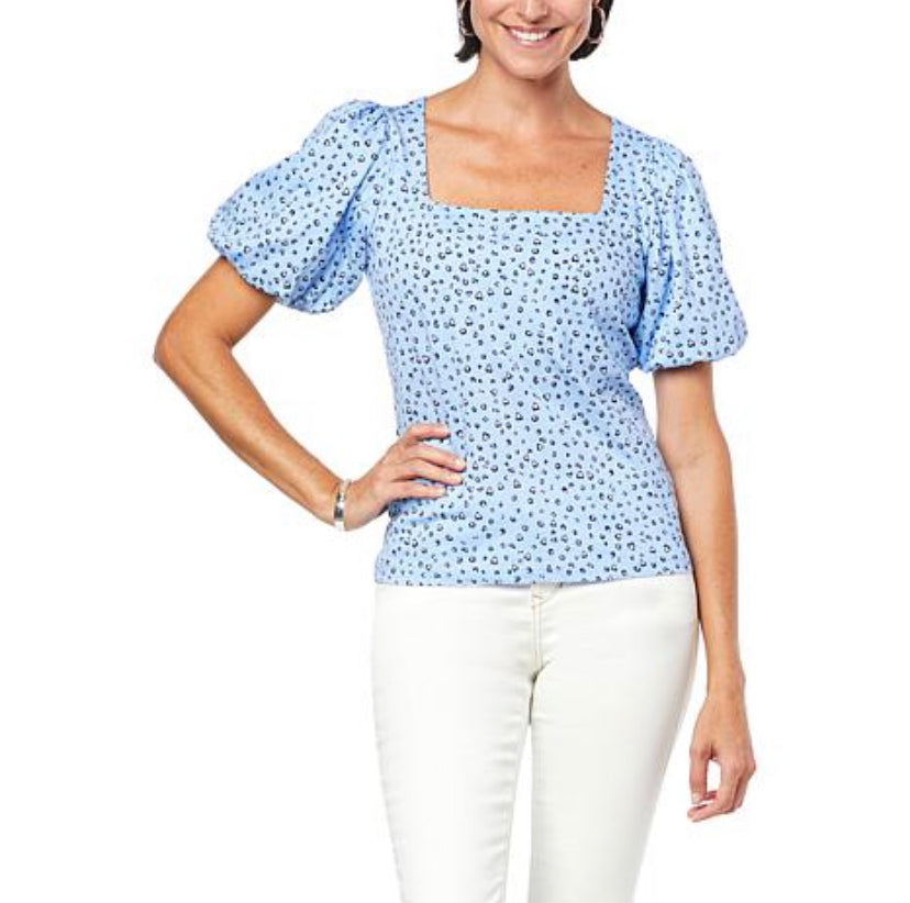 Skinnygirl Women's Polka Dot Puff Sleeve Square-Neck Tee- Blue Women’s
