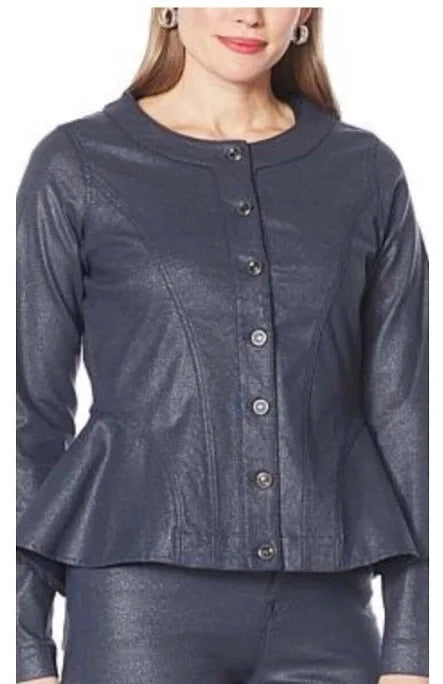 DG2 Diane Gilman Sparkle Denim Collarless Peplum Jacket Women’s