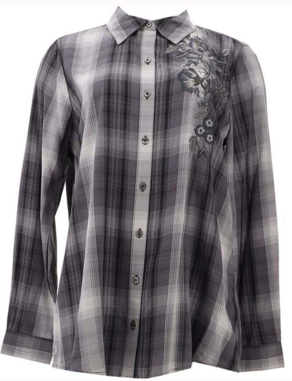 DG2 Diane Gilman Embroidered Plaid Buttoned Shirt BLACK PLAID-Size M