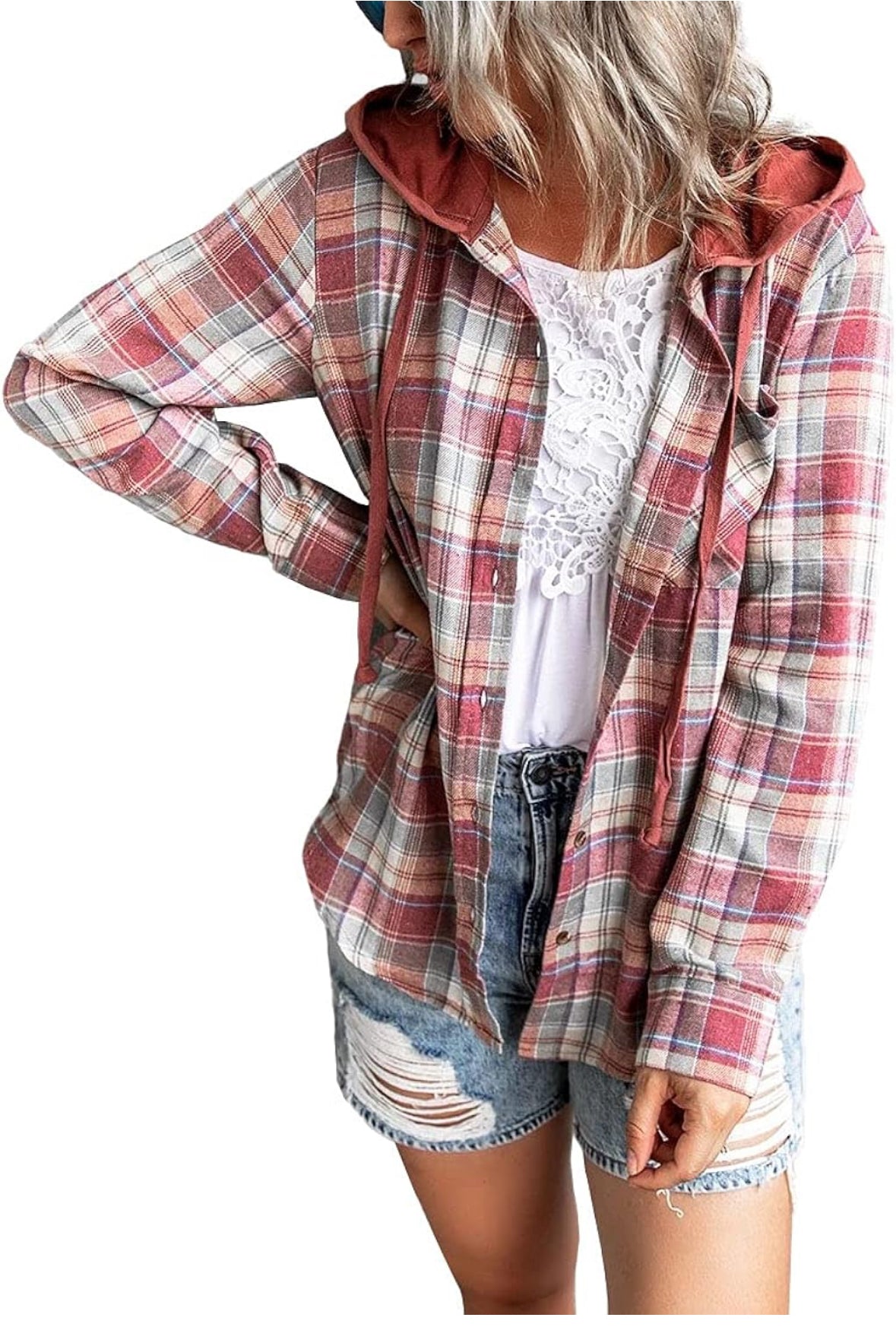 SySea Womens Long Sleeve Plaid Hoodie Jacket Button Size M