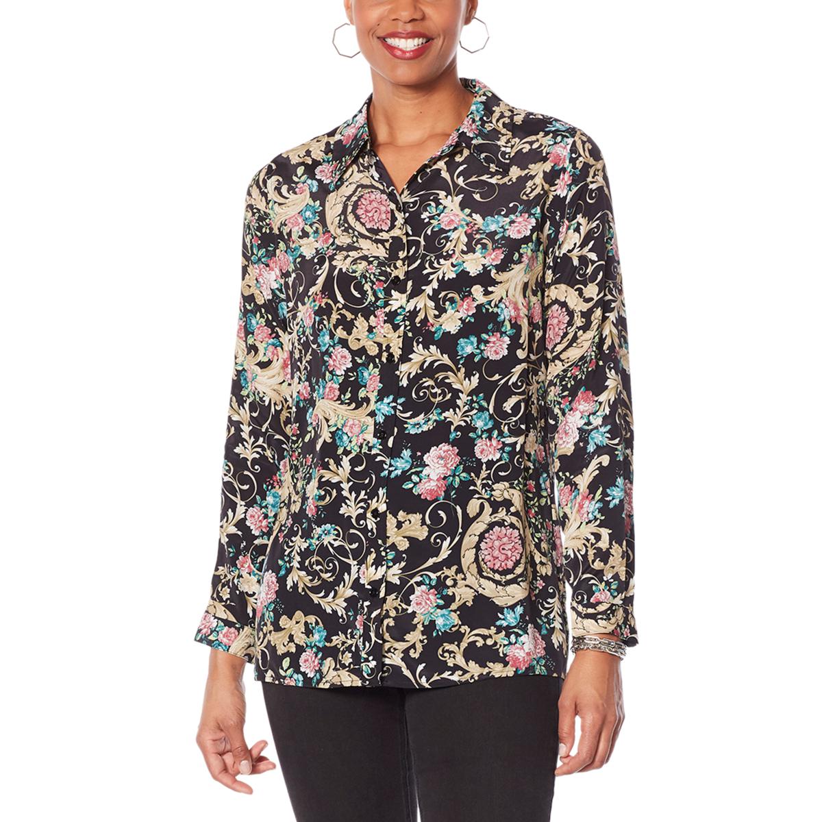 DG2 by Diane Gilman Printed Silk-Blend Buttoned Shirt- Black Printed Women’s