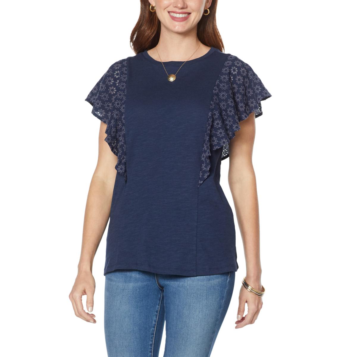 DG2 Diane Gilman Women’s Eyelet Lace Flutter-Sleeve Top