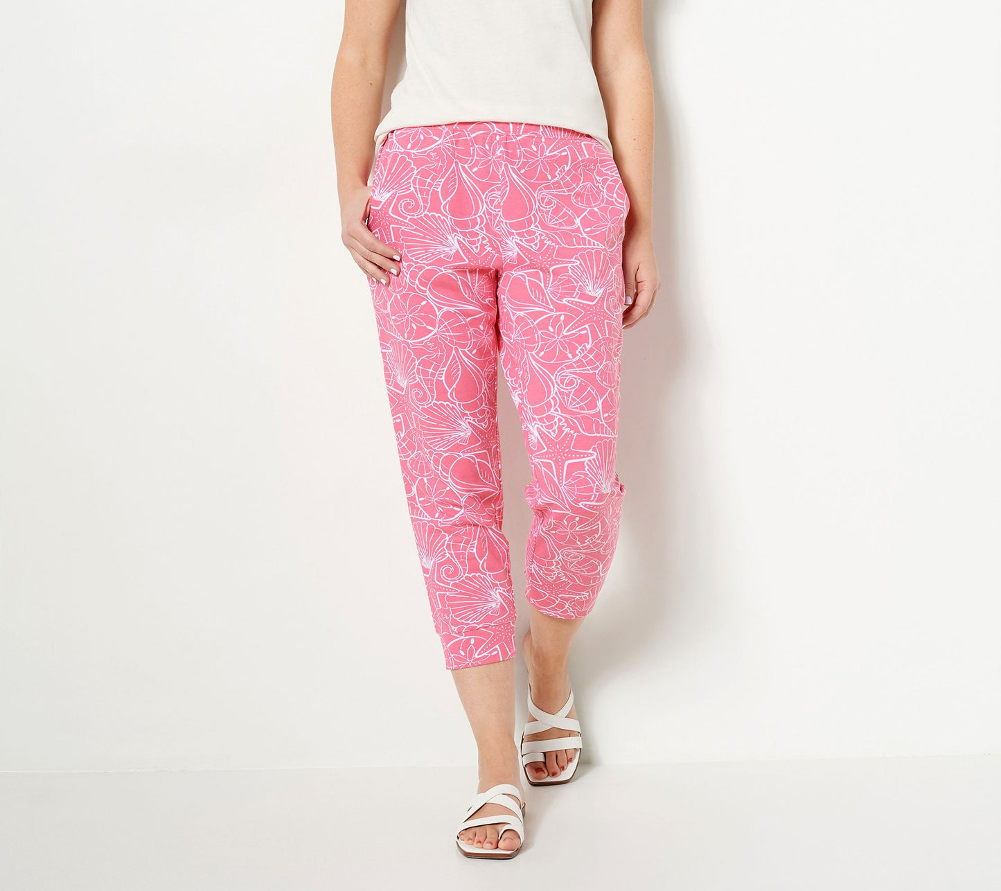 Denim & Co. Printed French Terry Cropped Jogger- Coral Size 5X