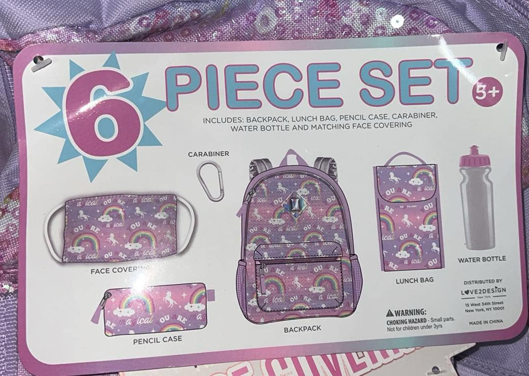 Backpack Set for Girls, 16 inch, 6 Pieces - Includes Foldable Lunch Unicorn