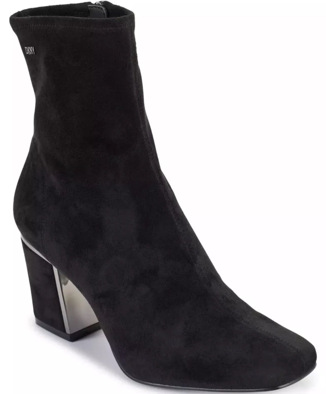 DKNY Cavale-Heeled Boot Size 10 Soft Micro Suede ~ Mirror Trim Heels Black Dress Boot