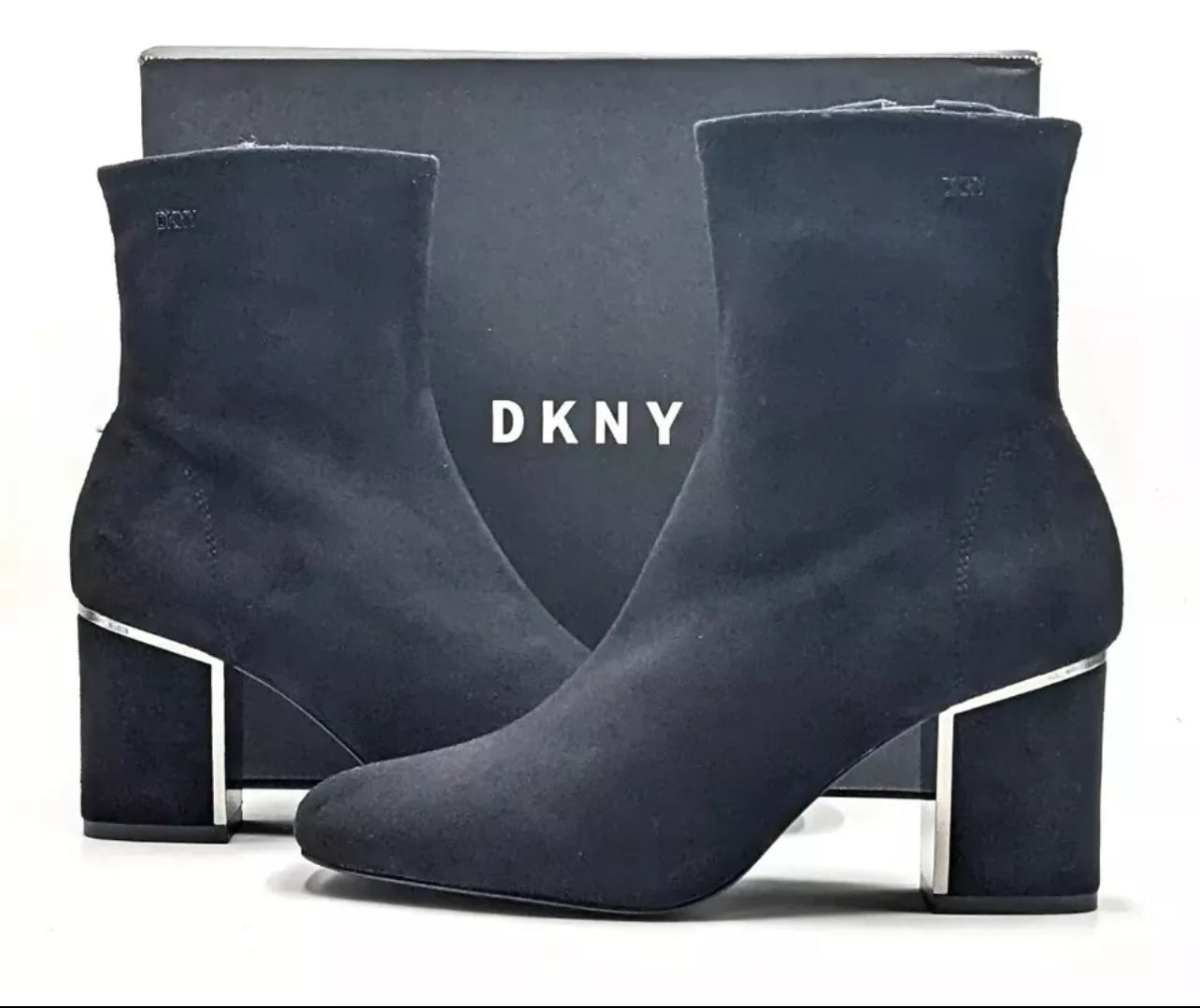 DKNY Cavale-Heeled Boot Size 10 Soft Micro Suede ~ Mirror Trim Heels Black Dress Boot