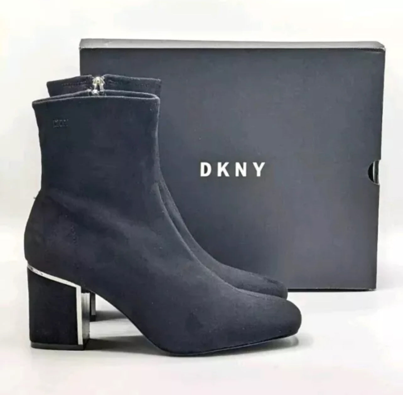 DKNY Cavale-Heeled Boot Size 10 Soft Micro Suede ~ Mirror Trim Heels Black Dress Boot