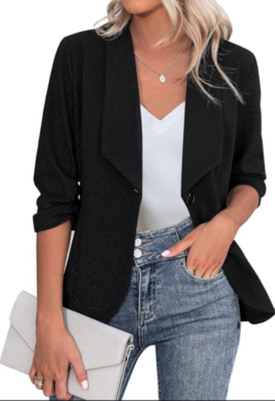 Beyove Women 3/4 Stretchy Ruched Sleeve Open Front Lightweight Work Office Blazer Jackets (S-3XL)/ Black