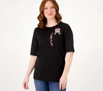 Quacker Factory Women's Welcome Spring Pocket Elbow Sleeve Top XS Black