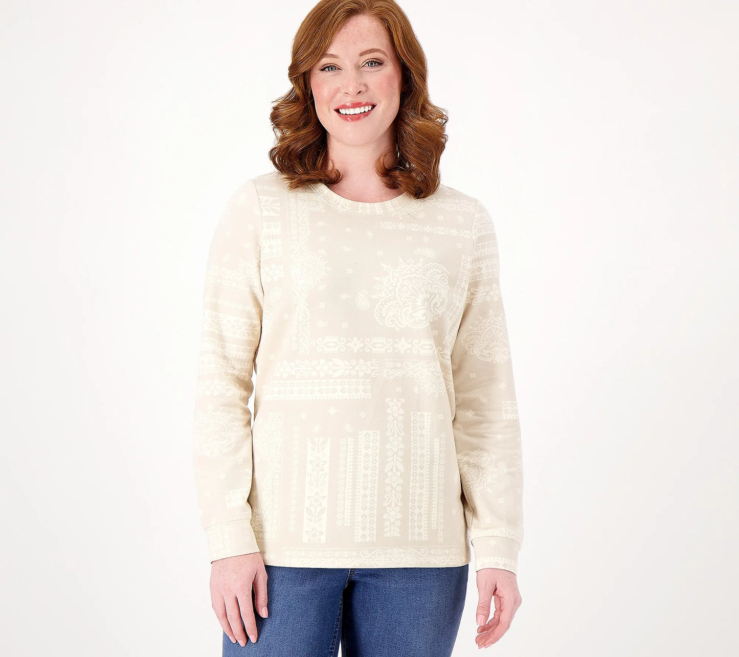 Denim & Co. Women's Active Printed French Terry Round Neck Pullover Khaki