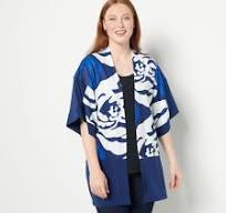 Truth + Style Printed & Solid Jersey Open Front Jacket BLUE COMBO