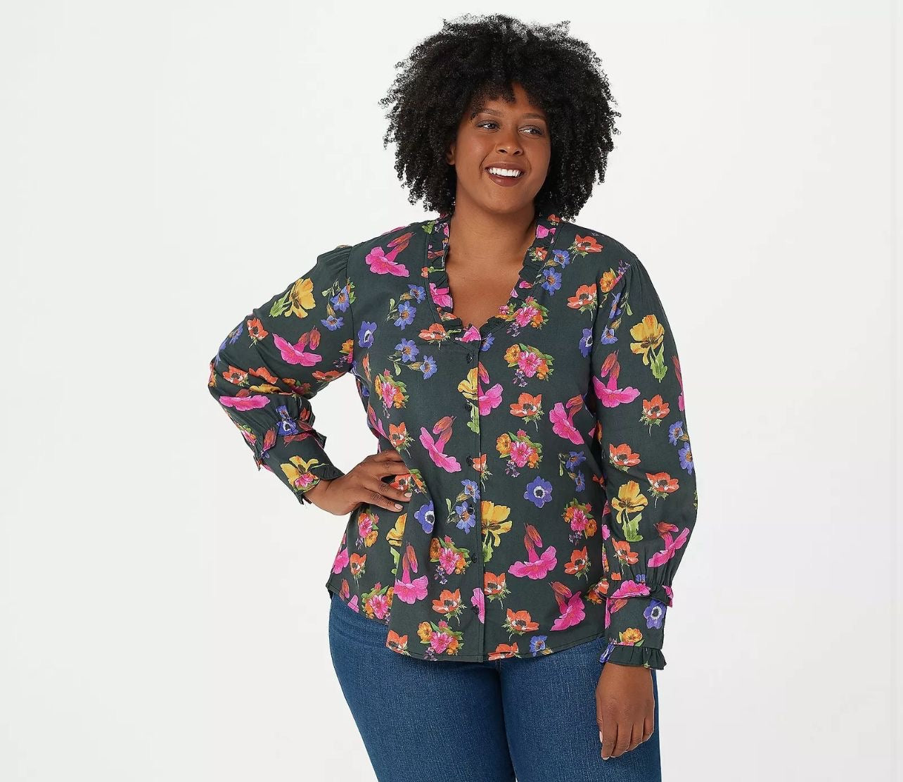 Tolani Collection Button-Front Top Ruffle BLACK FLORAL NEW A389947