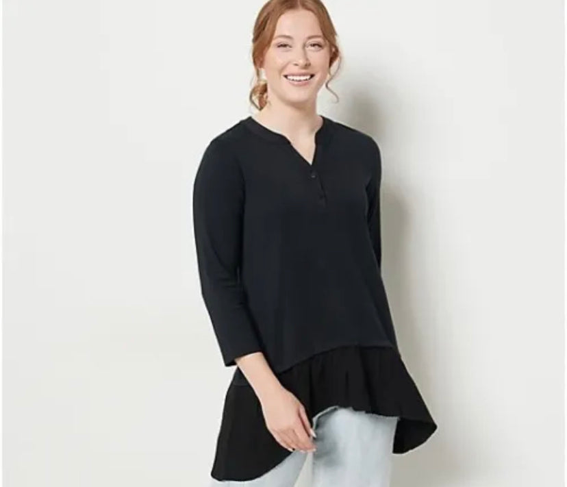 LOGO by Lori Goldstein Women’s Cotton Modal Henley Top with Woven Hem