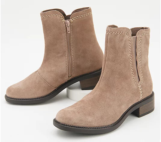 Clarks Collection Women’s Suede Ankle Boots Maye Zip- Pebble