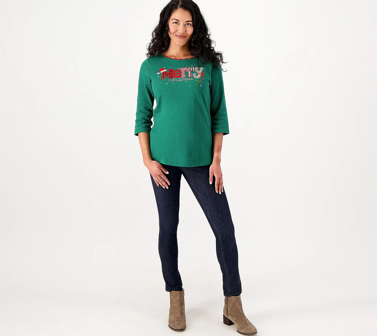 Quacker Factory Women’s Holiday 3/4-Sleeve Top with Scallop Neckline