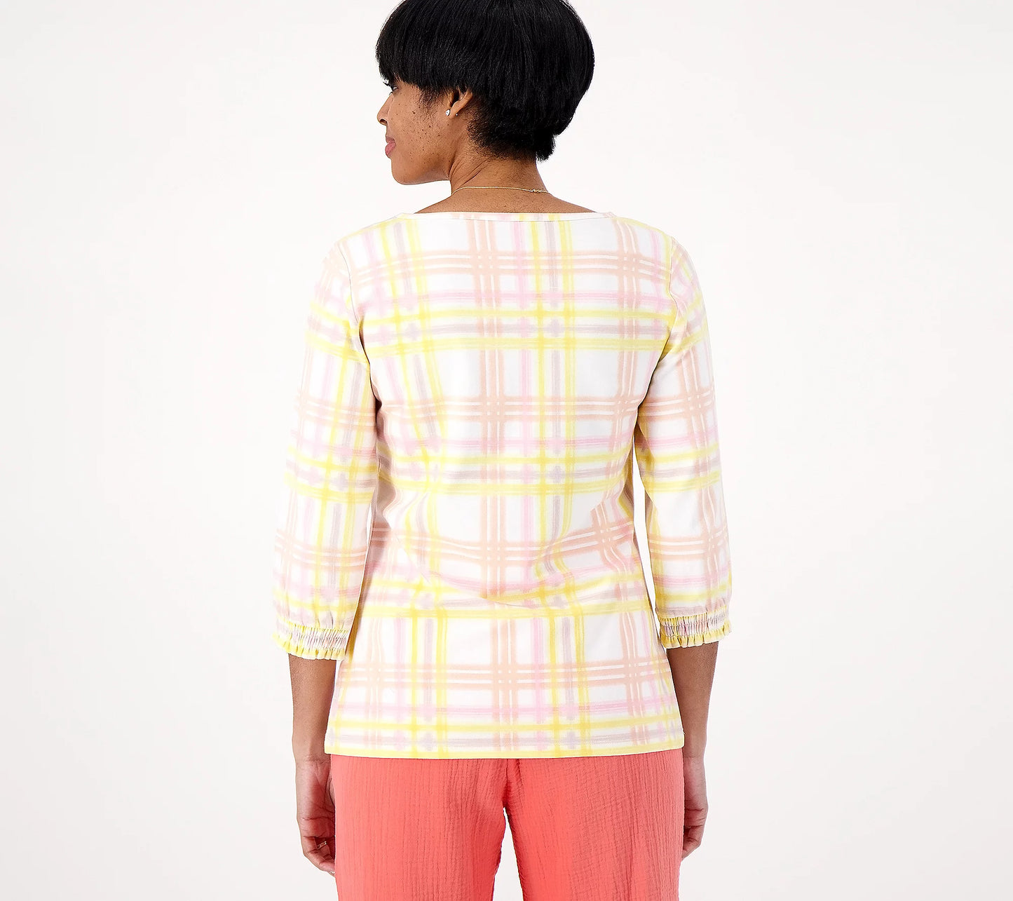 Denim & Co. Women’s Printed Favorite Jersey Boat Neck 3/4 Sleeve Smocked-Buttercup Multi