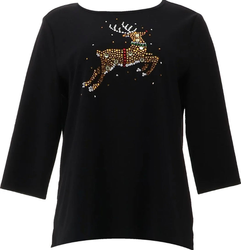 Quacker Factory Women’s Chunky Stone Holiday Motif 3/4- Sleeve Top Multi Size