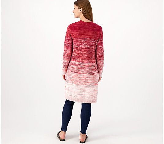 Denim & Co. Women’s Spacedye Open Front Long Sweater Cardigan- Rhubarb