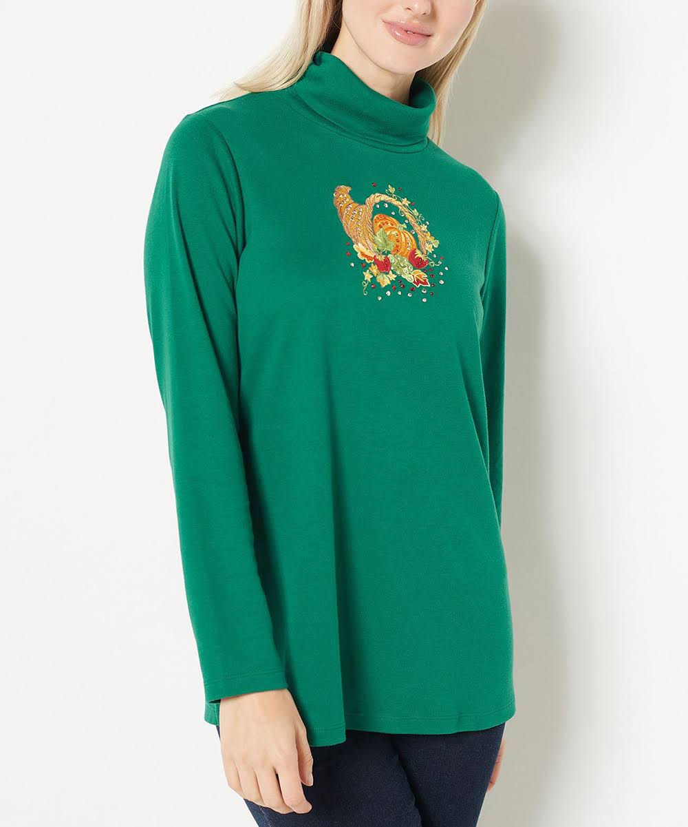 QF Embroidered Holiday Motif Women's Turtleneck Tunic Top