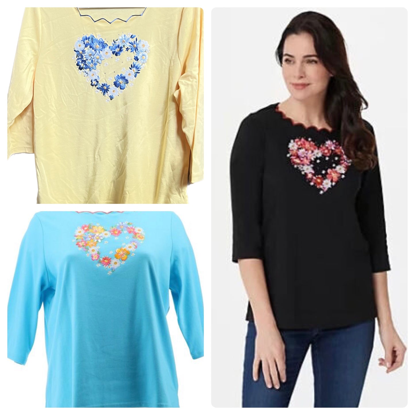 Quacker Factory Blooming Heart 3/4 Slv Scallop Trim Women's T-Shirt