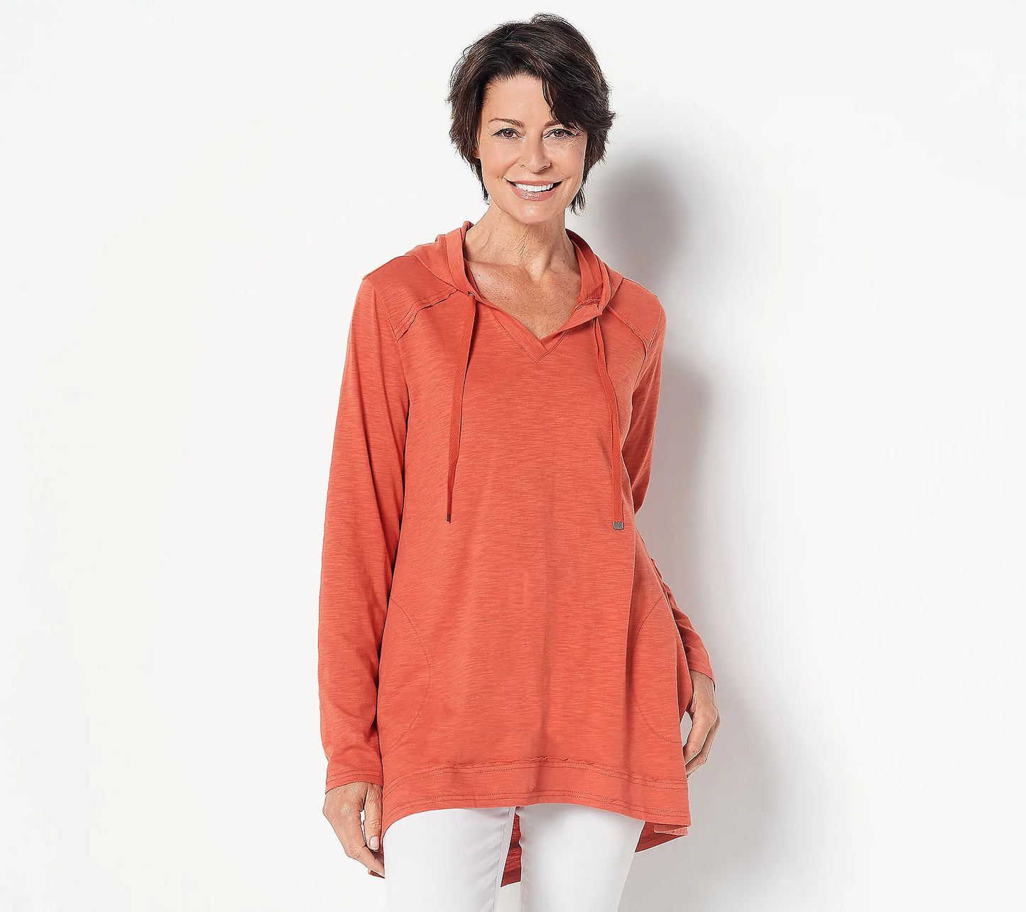 LOGO by Lori Goldstein Women’s Hooded Top with Hi-Low Hem and Back Slit