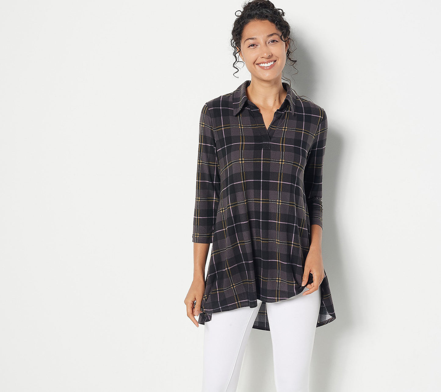 Attitudes by Renee Women’s Regular Yummy Jersey Collared Plaid Tunic