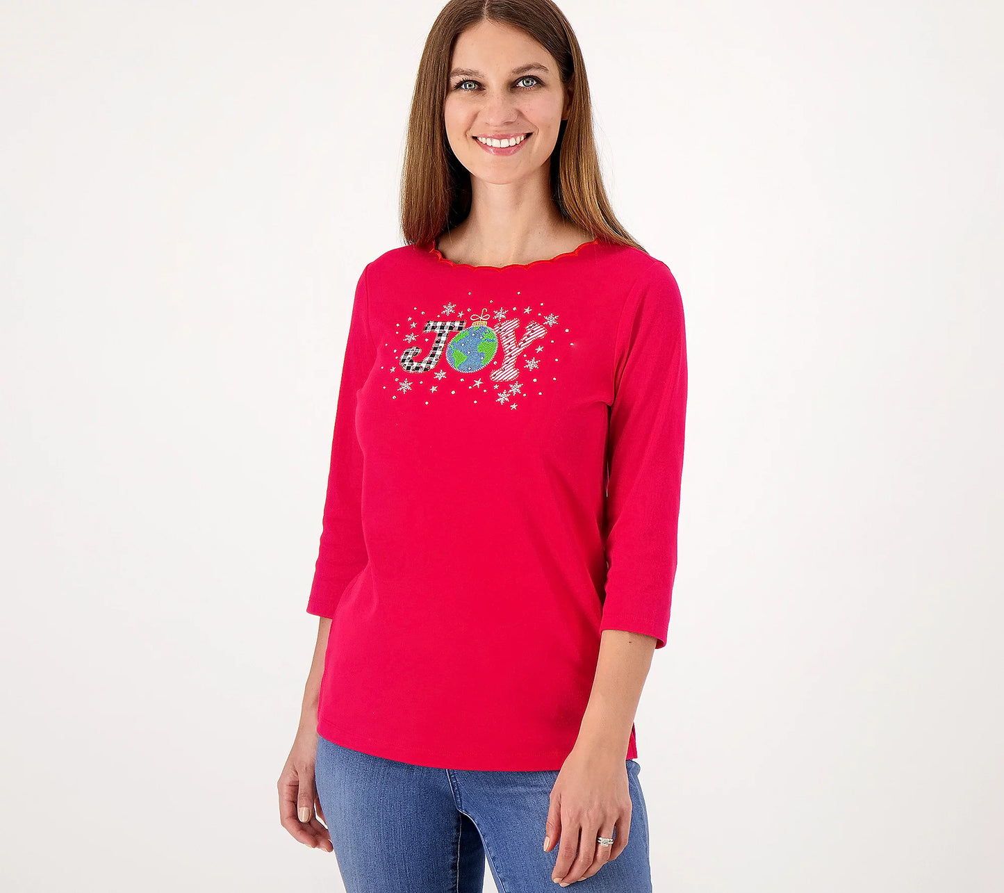 Quacker Factory Women’s Holiday 3/4-Sleeve Top with Scallop Neckline
