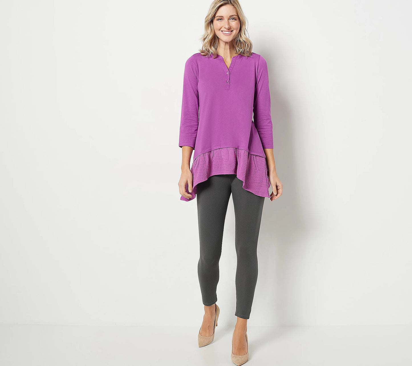 LOGO by Lori Goldstein Women’s Cotton Modal Henley Top with Woven Hem