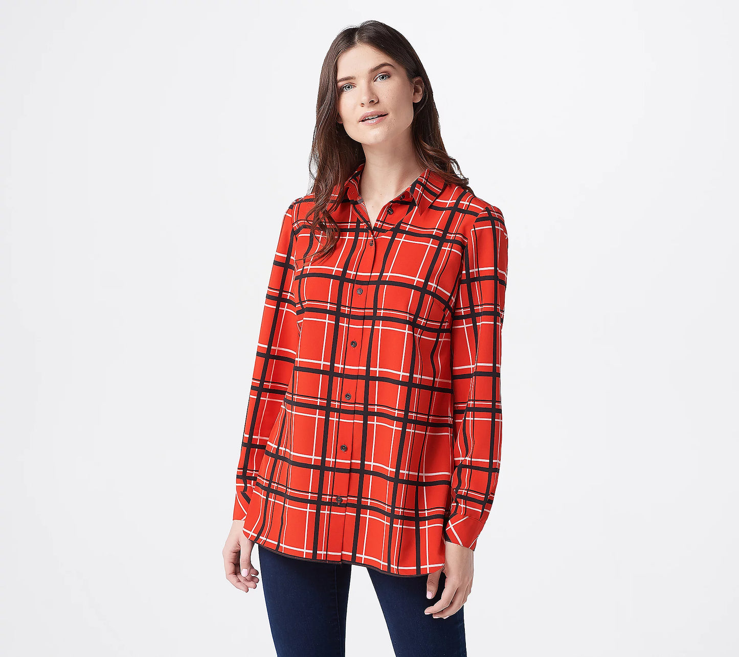 Susan Graver Women’s Printed Stretch Woven Button Front Tunic Shirt
