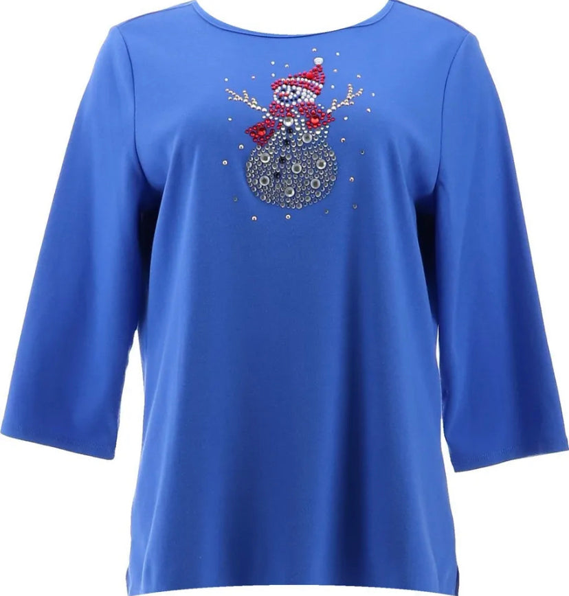Quacker Factory Women’s Chunky Stone Holiday Motif 3/4- Sleeve Top Multi Size