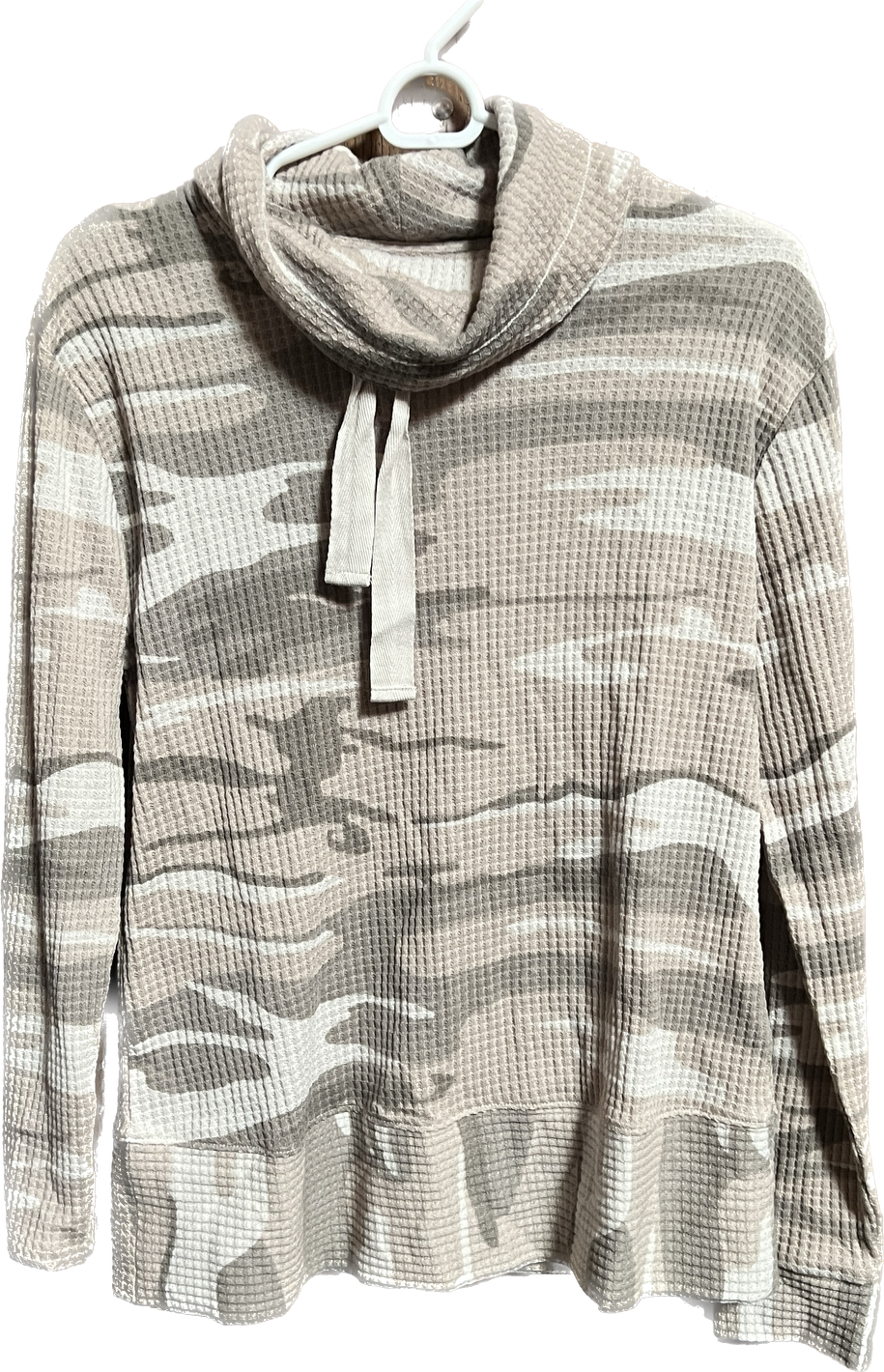 Belle by Kim Gravel Women’s Camo/Solid Waffle Knit Cowl Neck Top