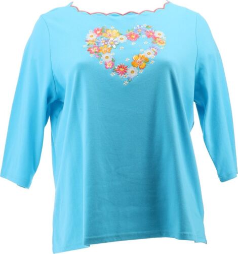 Quacker Factory Blooming Heart 3/4 Slv Scallop Trim Women's T-Shirt