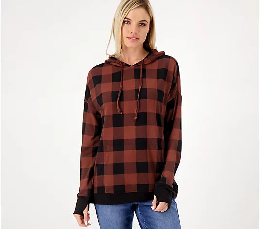 Belle by Kim Gravel Women’s Buffalo Plaid Brushed Knit Hoodie- Walnut