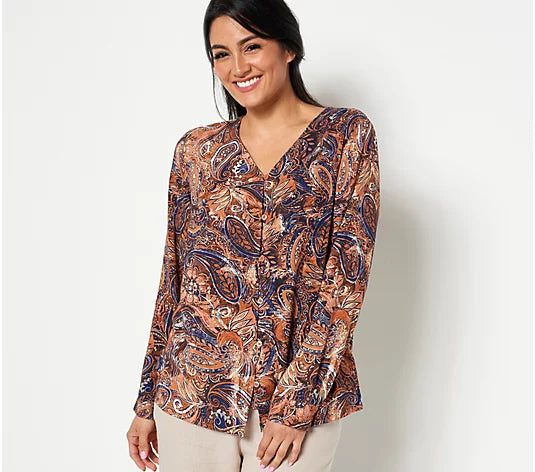 Denim & Co. Paisley Print V-Neck Button Front Women's Top