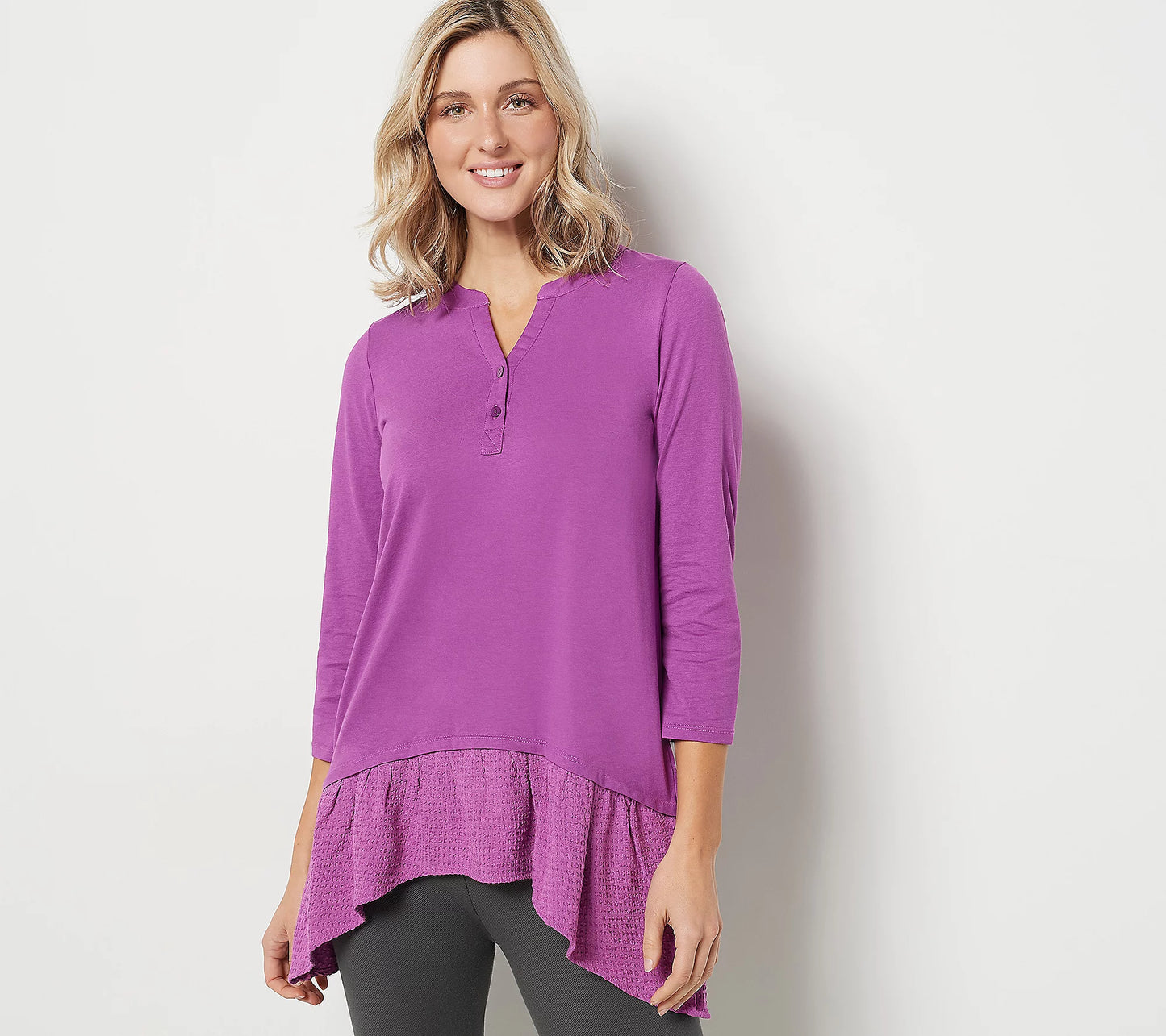 LOGO by Lori Goldstein Women’s Cotton Modal Henley Top with Woven Hem
