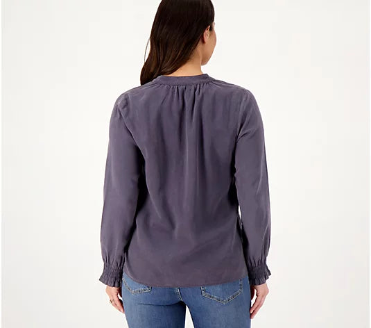 Side Stitch Women’s Half Placket Pullover Swing Blouse- White